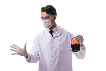 Doctor in blood donation concept isolated on white