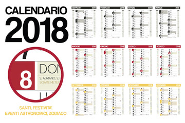 2018 italian calendar with italian holidays, moon phases, zodiac and saints