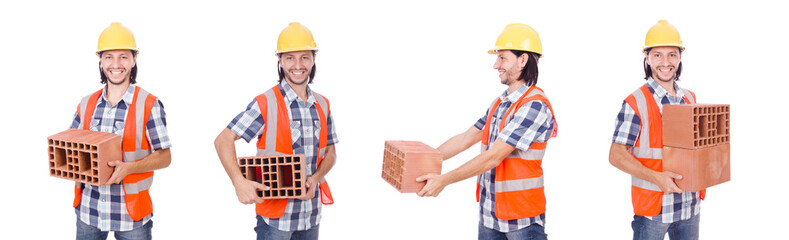 Builder with clay bricks isolated on white