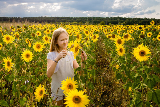 girl paints sunflowers in a field