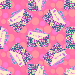 Cute seamless love pattern with letters, envelopes, hearts and post stamp imprints on pink background. I love you. Backdrop texture design for web, print and textile.