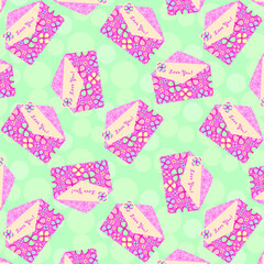 Cute seamless love pattern with letters, envelopes, hearts and post stamp imprints on blue background. I love you. Backdrop texture design for web, print and textile.