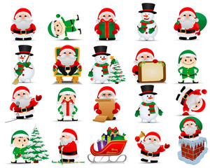 Merry christmas. Collection of vector Santa Clauses, elfs, snowmans. Set