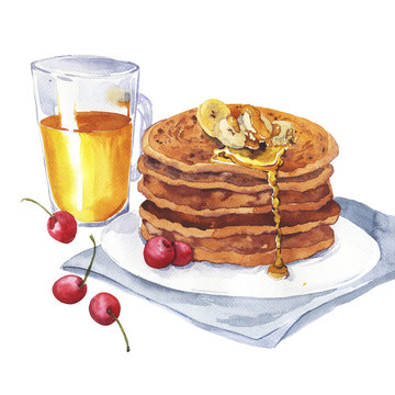 Hot pancakes with banana and honey or syrup and fresh cherry, glass of hot drink. Breakfst sketch. Hand drawn watercolor illustration.