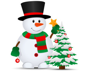 Merry christmas. Vector snowman. Christmas tree.