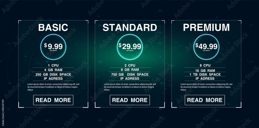 Poster three banners. pricelist, hosting plans and web design boxes of banners. banners for tariffs and pri