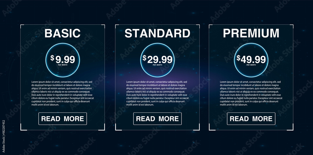 Poster three banners. pricelist, hosting plans and web design boxes of banners. banners for tariffs and pri