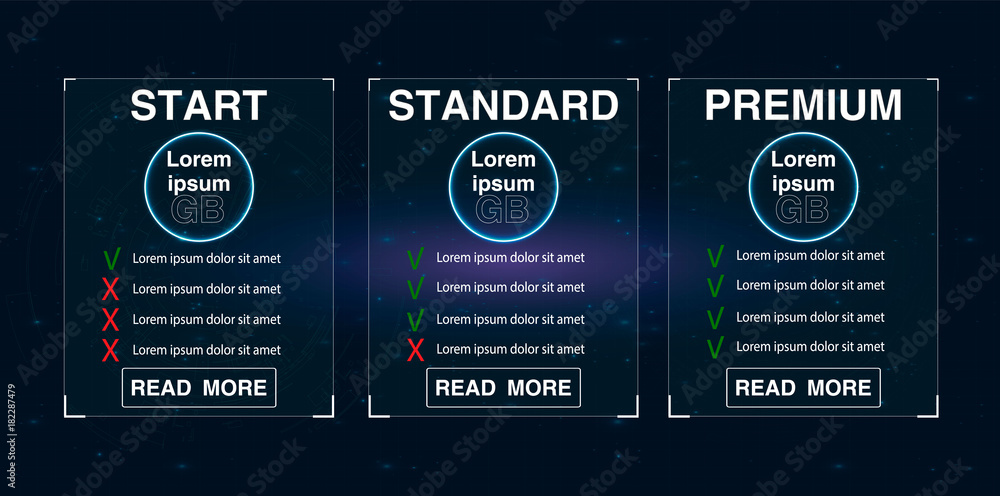 Poster three banners. pricelist, hosting plans and web design boxes of banners. banners for tariffs and pri