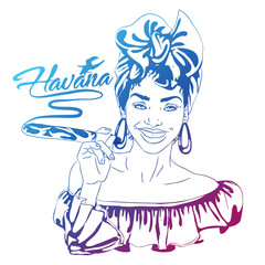 cuban woman face. cartoon vector illustration for music poster. cuba girl with floral decor and cigar. Caribbean ethnic caricature grotesque poster