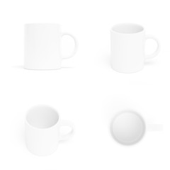 Different views of empty white ceramic mug isolated on white background, 3D rendering