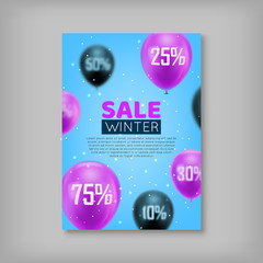 Pair cards, seasonal sale. Winter sale in the form of black and pink balls on a blue background. Vector illustration of flyers for seasonal shopping