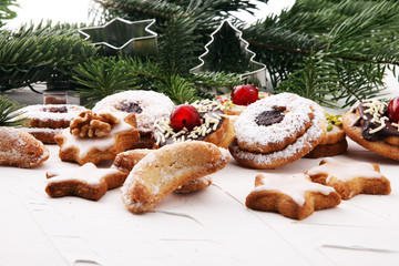 Mixed Christmas cookies. Colorful mix of Christmas-themed decorated xmas cookies.