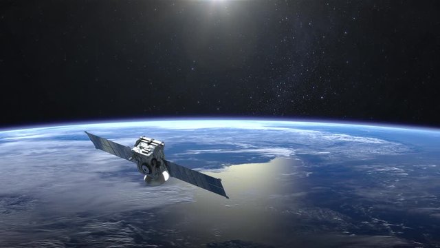 Satellite. The satellite flies to the right. The earth slowly rotates to the right. 4K.