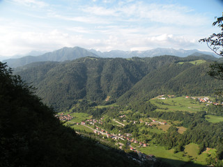 Fototapeta premium beautiful,nature,green valley with small villages,between mountain,hills,forest and meadow