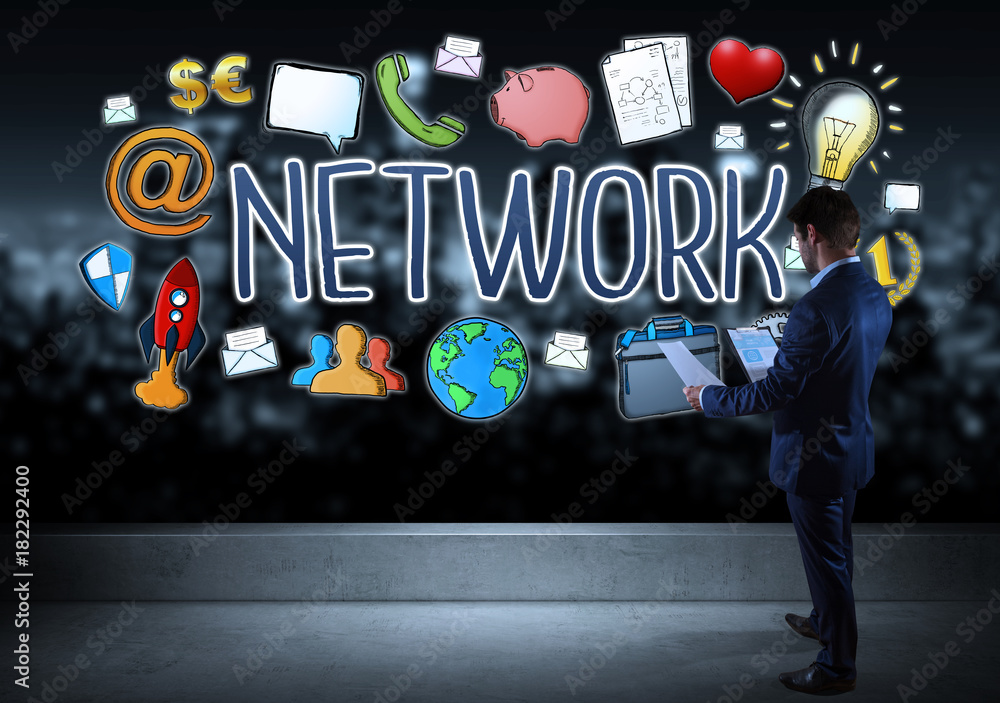 Poster businessman watching social network sketch on a rooftop 3d rendering