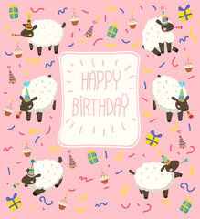 Cute Happy Birthday card with lambs on pink background.