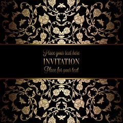 Vintage baroque Wedding Invitation template with damask background. Tradition decoration for wedding. Vector illustration in black and gold
