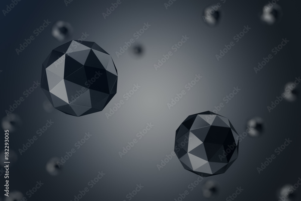 Poster 3d illustration abstract background of low polygonal sphere with bokeh effects. polygonal sphere in 