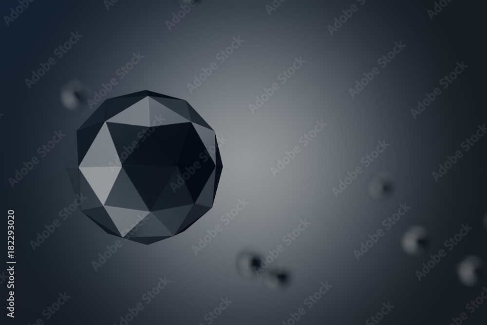 Poster 3d illustration abstract background of low polygonal sphere with bokeh effects. polygonal sphere in 