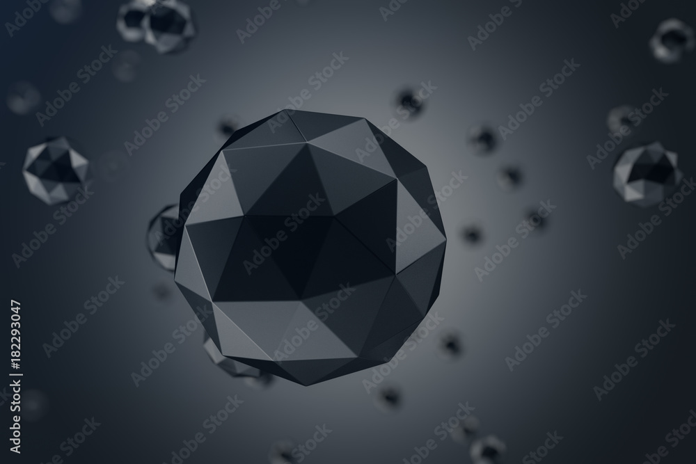 Poster 3d illustration abstract background of low polygonal sphere with bokeh effects. polygonal sphere in 