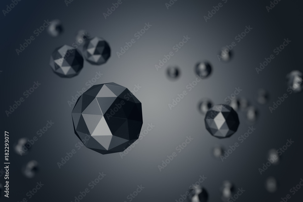 Poster 3d illustration abstract background of low polygonal sphere with bokeh effects. polygonal sphere in 