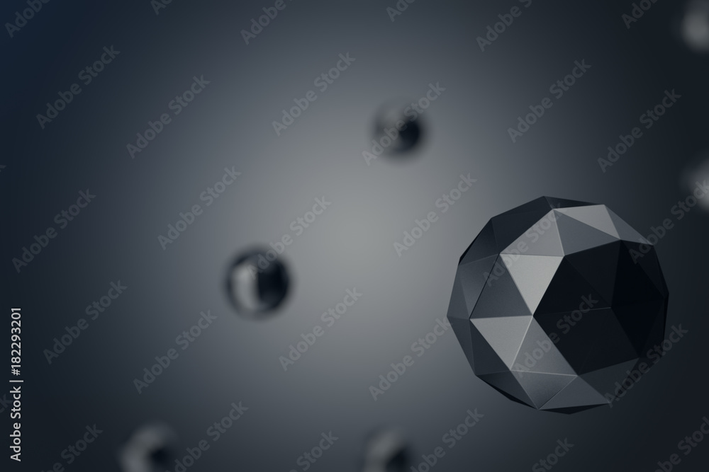 Poster 3d illustration abstract background of low polygonal sphere with bokeh effects. polygonal sphere in 