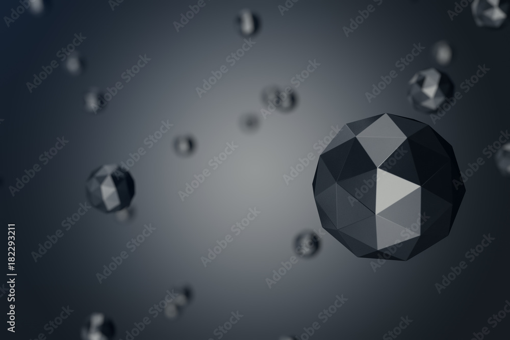 Poster 3d illustration abstract background of low polygonal sphere with bokeh effects. polygonal sphere in 