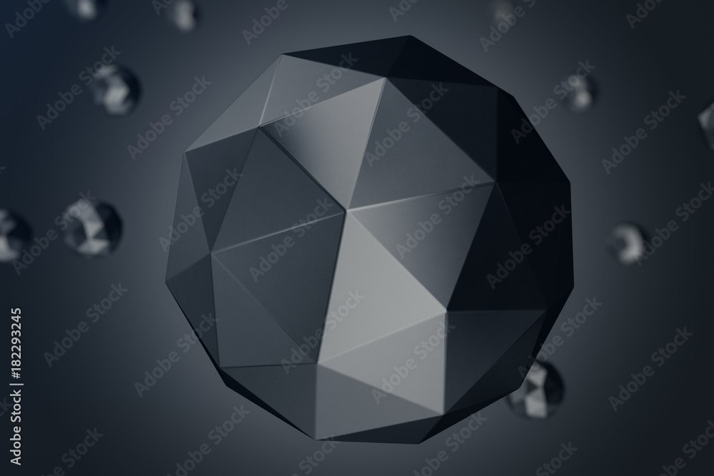 Poster 3d illustration abstract background of low polygonal sphere with bokeh effects. polygonal sphere in 