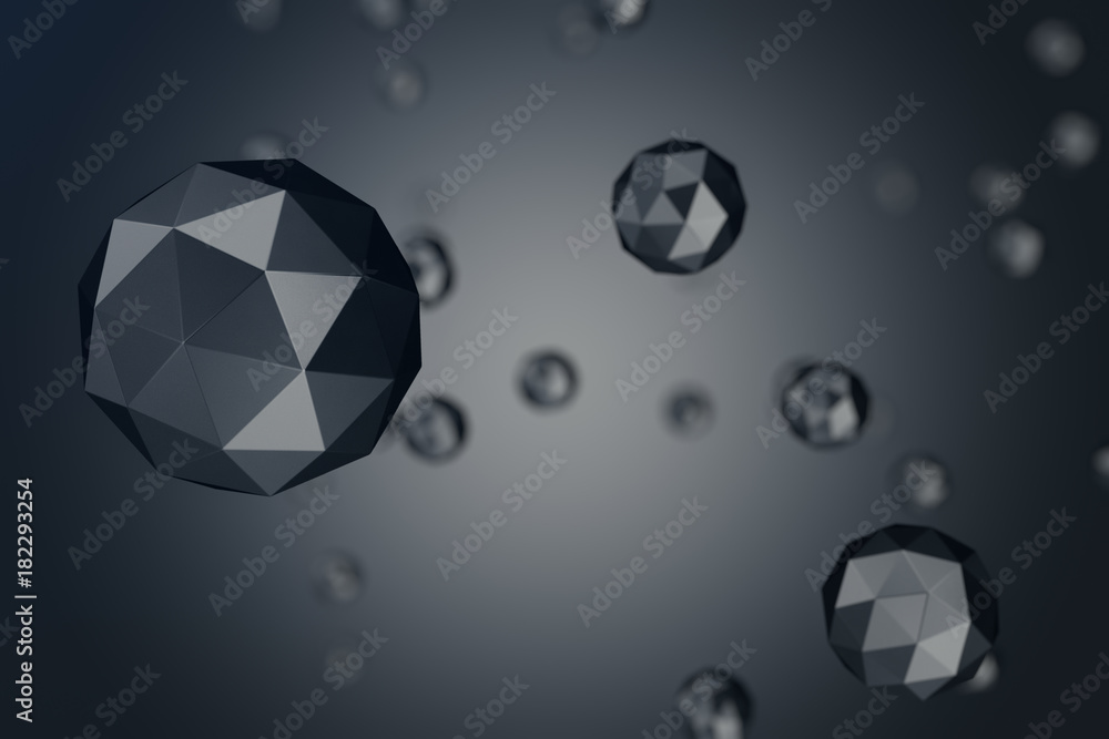 Poster 3d illustration abstract background of low polygonal sphere with bokeh effects. polygonal sphere in 