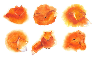 Set of bright watercolor red foxes isolated on white. Original hand drawn pattern.