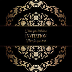 Vintage baroque Wedding Invitation template with damask background. Tradition decoration for wedding. Vector illustration in black and gold