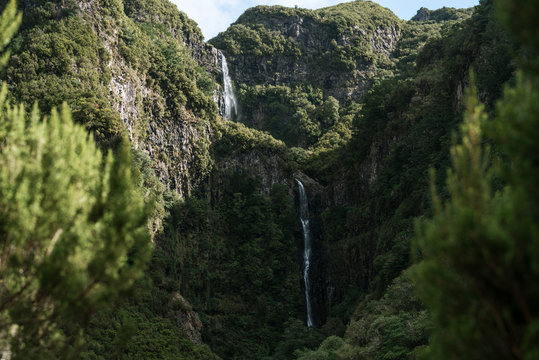 Waterfall in a djungle valley on Madeira, Portugal