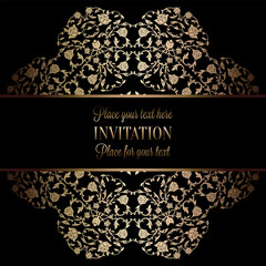 Vintage baroque Wedding Invitation template with damask background. Tradition decoration for wedding. Vector illustration in black and gold