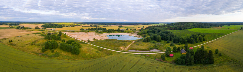 Aerial view of wheat fields. Countryside aerial landscape. Panorama.