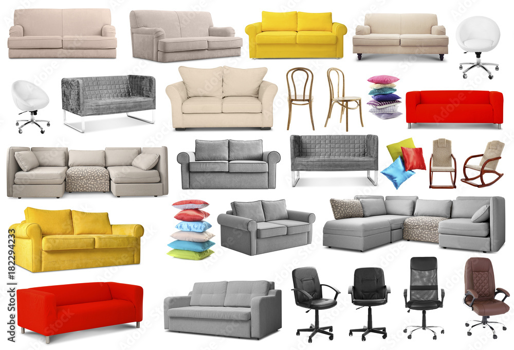 Wall mural Collage of stylish sofas and chairs on white background