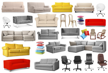 Collage of stylish sofas and chairs on white background