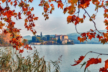The Medieval Castle Toblino in northern Italy - Calavino, Trentino Alto Adige. Italy.toblino castle view on sunny autumn day