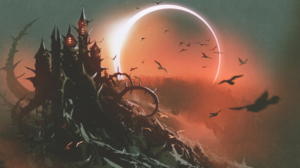 scenery of castle of thorn with solar eclipse in dark red sky, digital art style, illustration painting © grandfailure