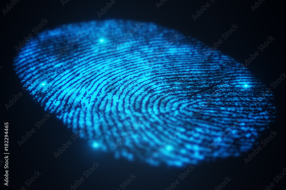 Poster 3d illustration fingerprint scan provides security access with biometrics identification. concept fi