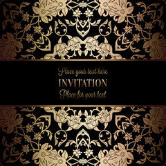 Vintage baroque Wedding Invitation template with damask background. Tradition decoration for wedding. Vector illustration in black and gold