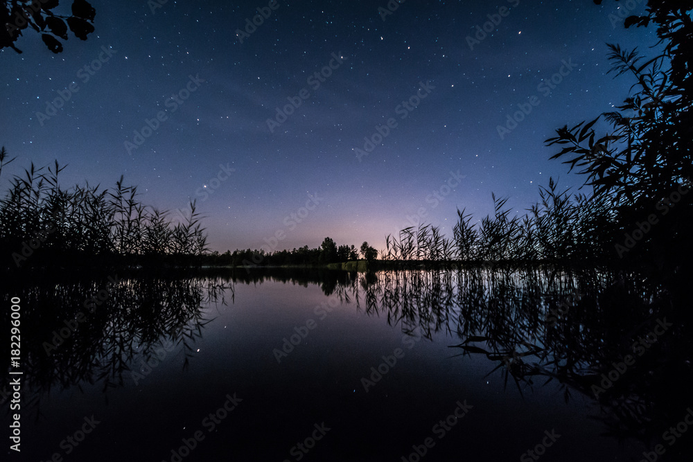 Wall mural stars over the lake at summer night on dark sky. starfall. milky way.