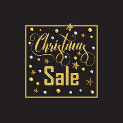 Christmas sale inscription golden sequins with beads and stars. Vector illustration.