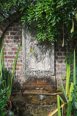 On the wall a waterspewing lion to decorate the garden
