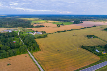 Aerial view of amazing summer landscape. Fields and meadows from above.