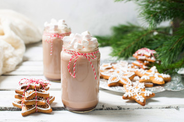 Christmas mood - chocolate in a bottle with marshmallows, fir branch, gift and gingerbread