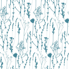 Meadow grasses, herbs and flowers outlines vector seamless pattern.