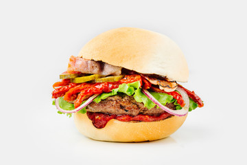 Burger With Beef, Tomato, Cheese, Lettuce and Onion. Close up