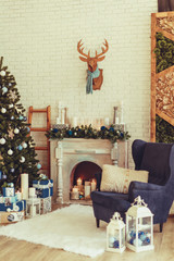 Christmas background. Interior room decorated