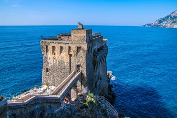 Gartenposter Medieval tower on the coast of Maiori town, Amalfi coast, Campania region, Italy © cone88