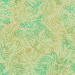 seamless tropical pattern of hand-drawn palm and monstera deliciosa leaves